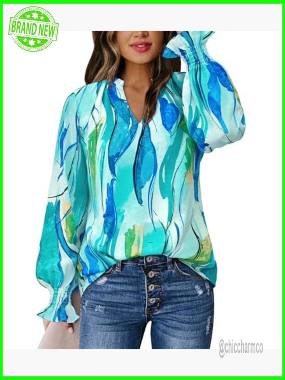 V Neck Floral Long Sleeve Puff Sleeve Chiffon Blouse Dressy Work Top - Picture 3 of 7